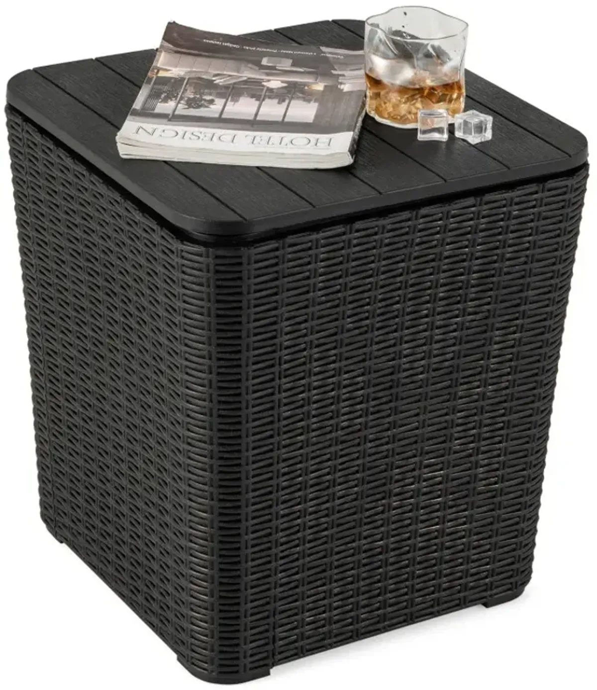 Outdoor Resin Storage Side Table with Removable Lid and Wicker-woven Accent