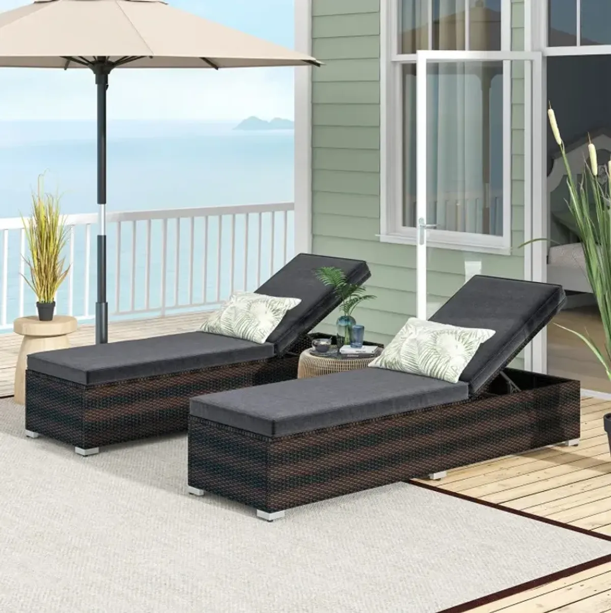 Patio Wicker Lounge Chair with 4-level Backrest and Long Seat Cushion