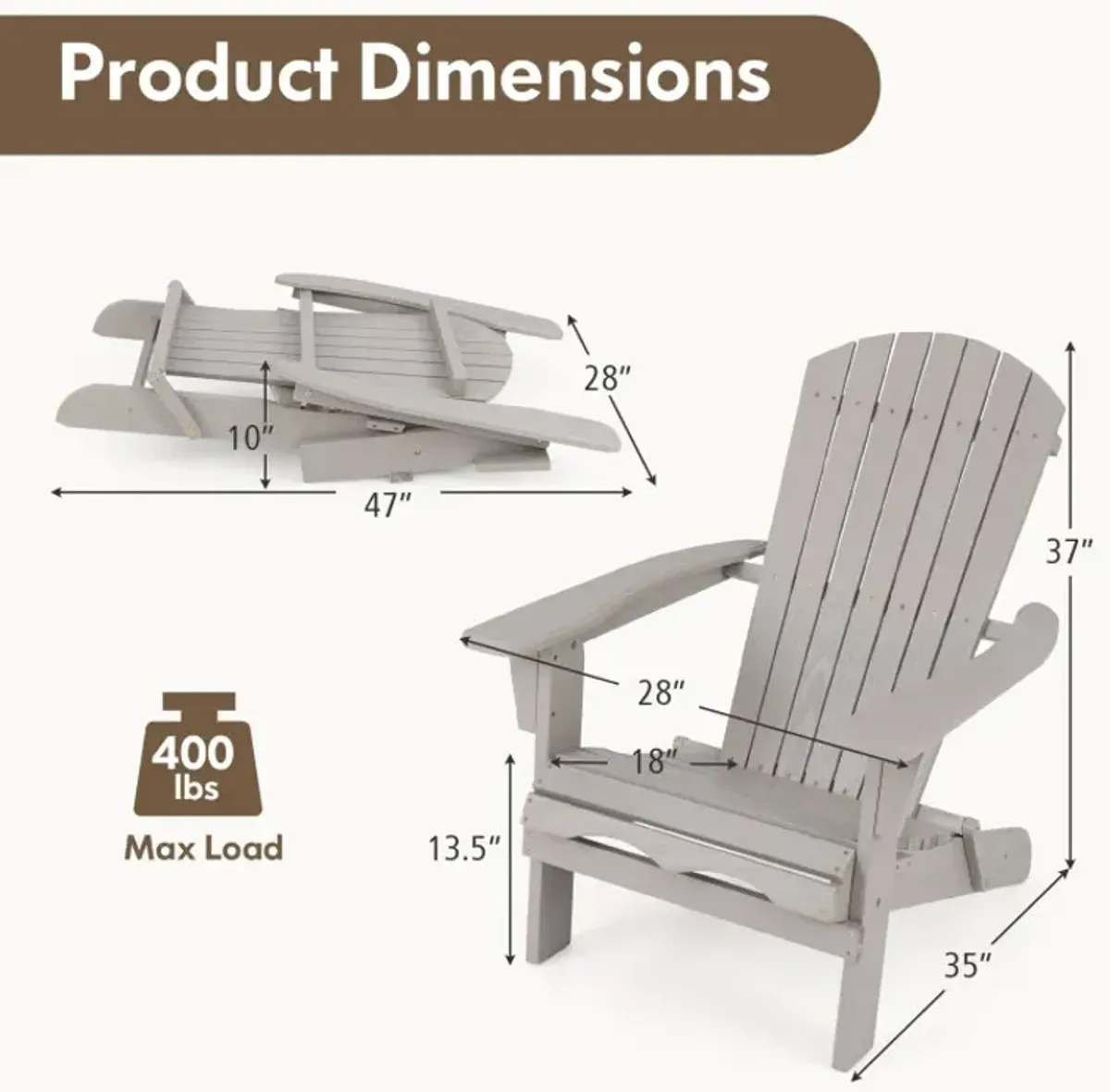 1 Piece Folding Adirondack Chair with High Backrest and Wide Armrests