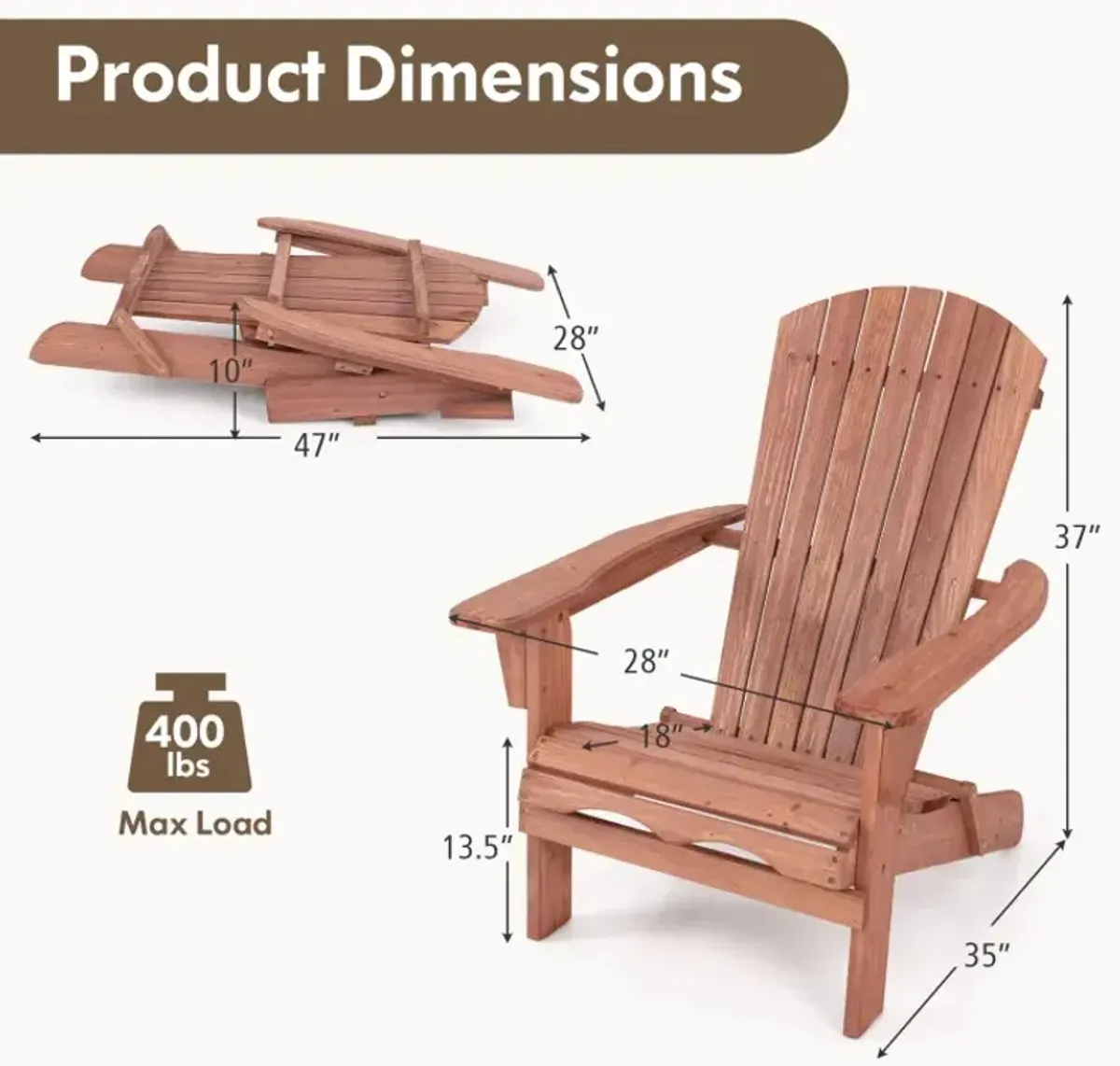 Folding Adirondack Chair Set of 2 with High Backrest and Wide Armrests
