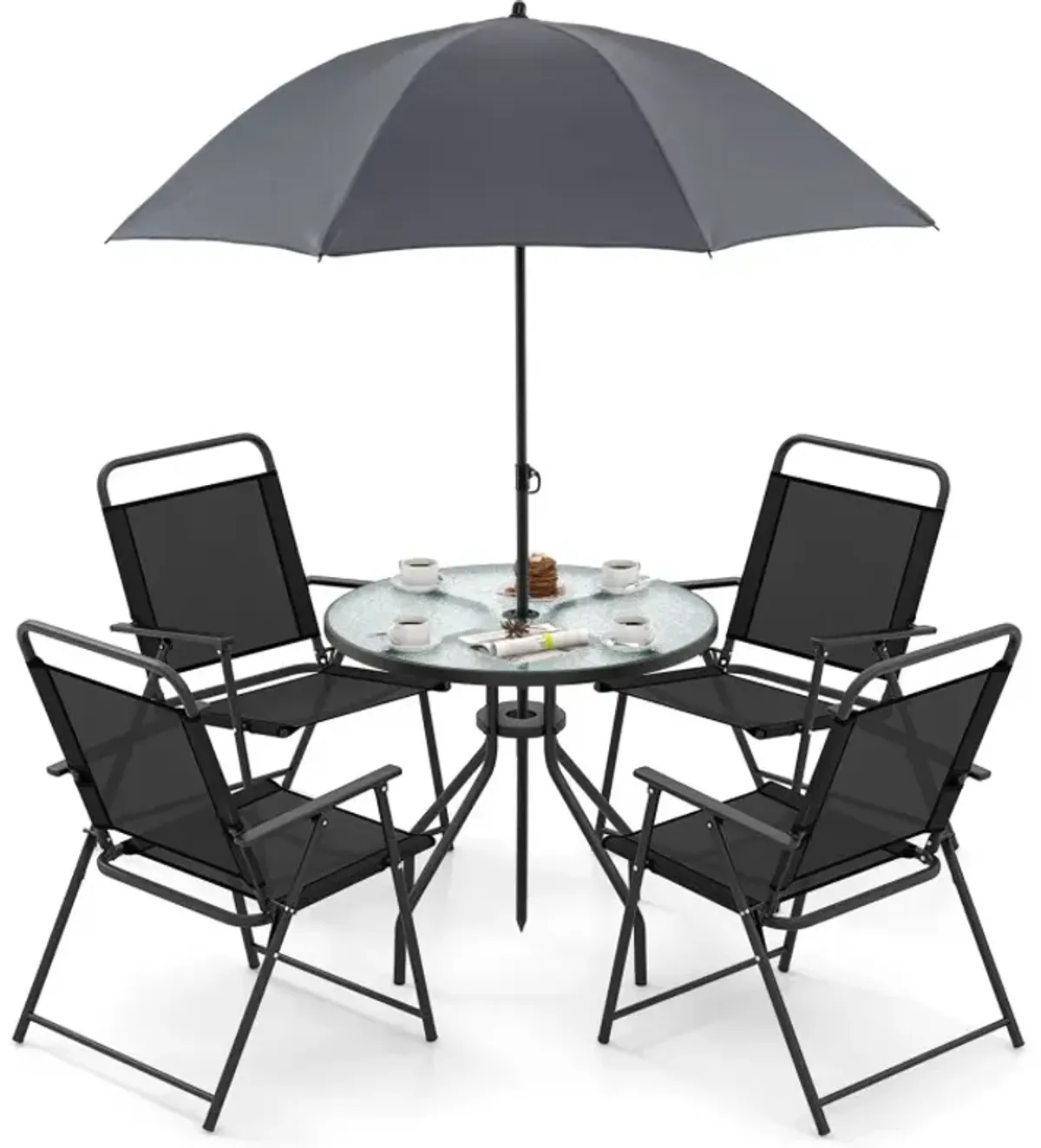 6 Pieces Patio Dining Set Folding Chairs Glass Table Tilt Umbrella for Garden