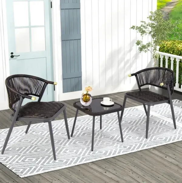 3 Pieces Patio Rattan Furniture Set with Tempered Glass Tabletop for Backyard Poolside