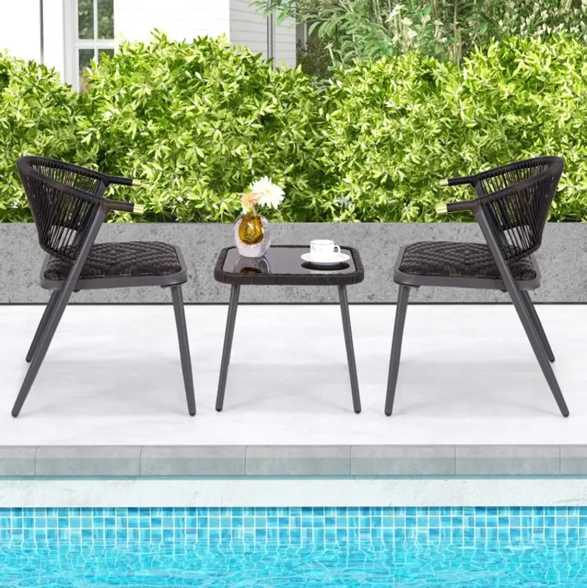 3 Pieces Patio Rattan Furniture Set with Tempered Glass Tabletop for Backyard Poolside