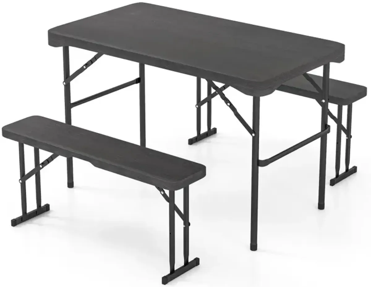 Outdoor Folding Table Bench Set w All-Weather HDPE Tabletop and Sturdy Metal Frame