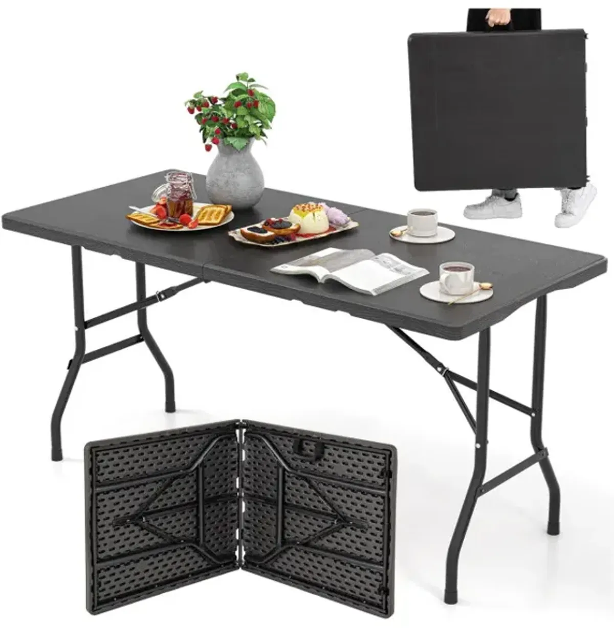 5FT Folding Picnic Table with Wood Grain HDPE Tabletop and  Non-slip Foot Pads