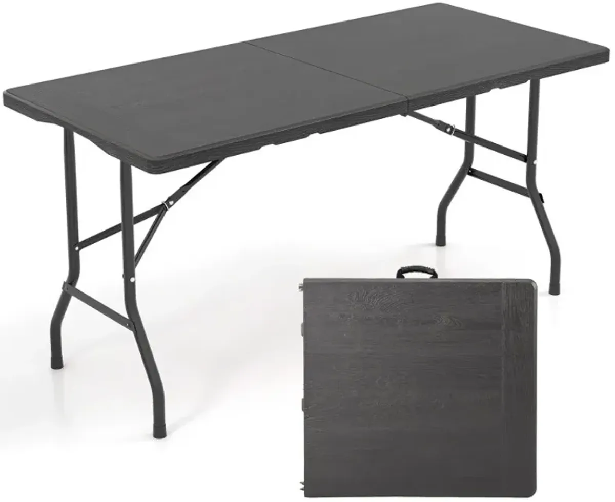 5FT Folding Picnic Table with Wood Grain HDPE Tabletop and  Non-slip Foot Pads