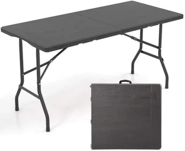 5FT Folding Picnic Table with Wood Grain HDPE Tabletop and  Non-slip Foot Pads