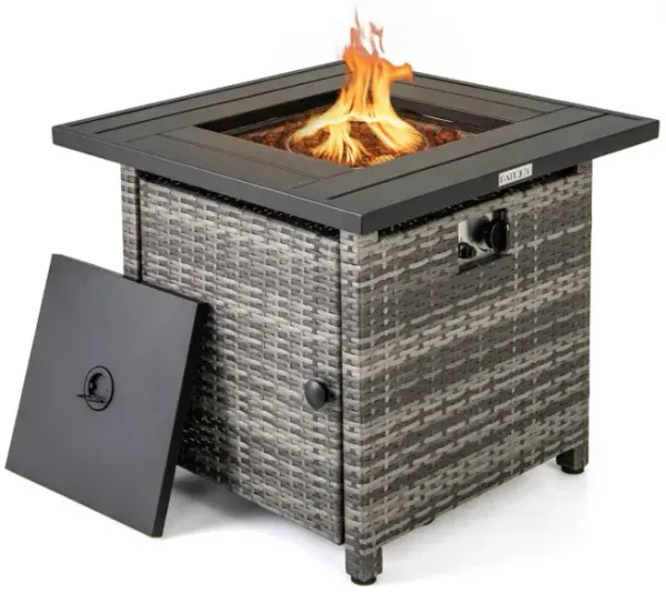 29 Inch Propane Rattan Firepit Table with Lava Rocks and Protective Cover