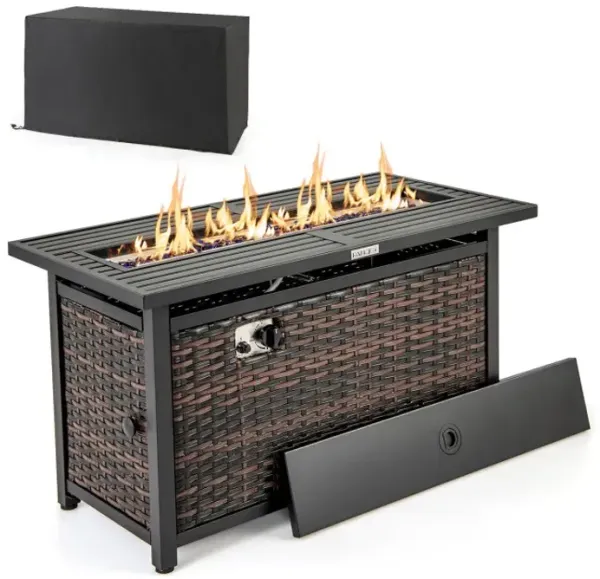 45 Inch Propane Rattan Firepit Table with Glass Stones and Protective Cover