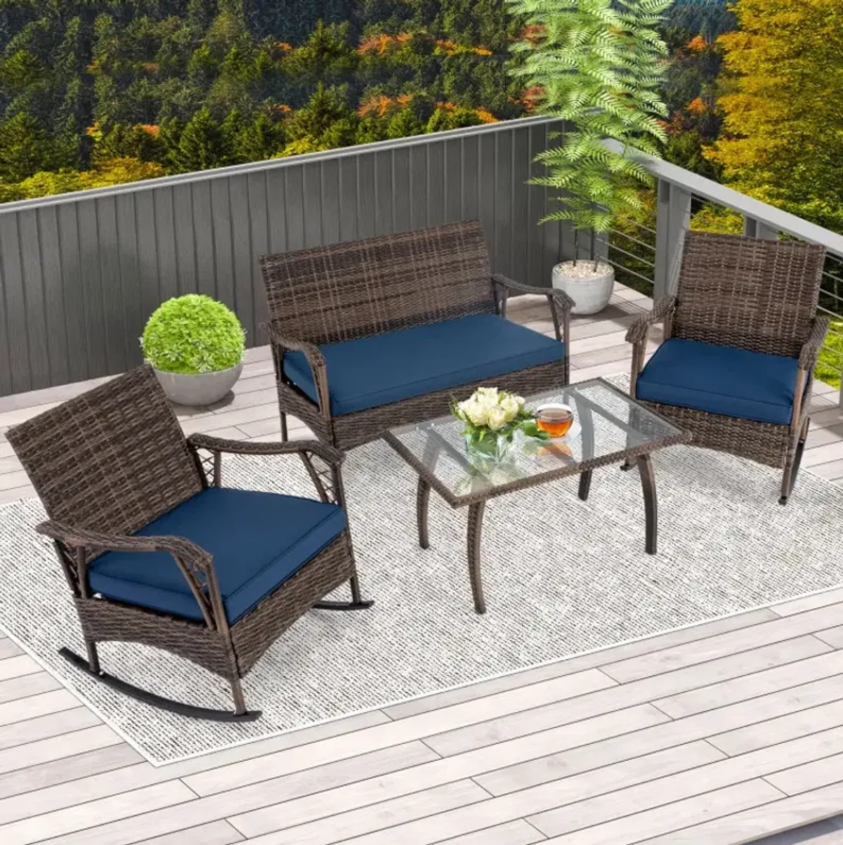 4 Pieces Wicker Rocking Set with Bungee Rope Seat