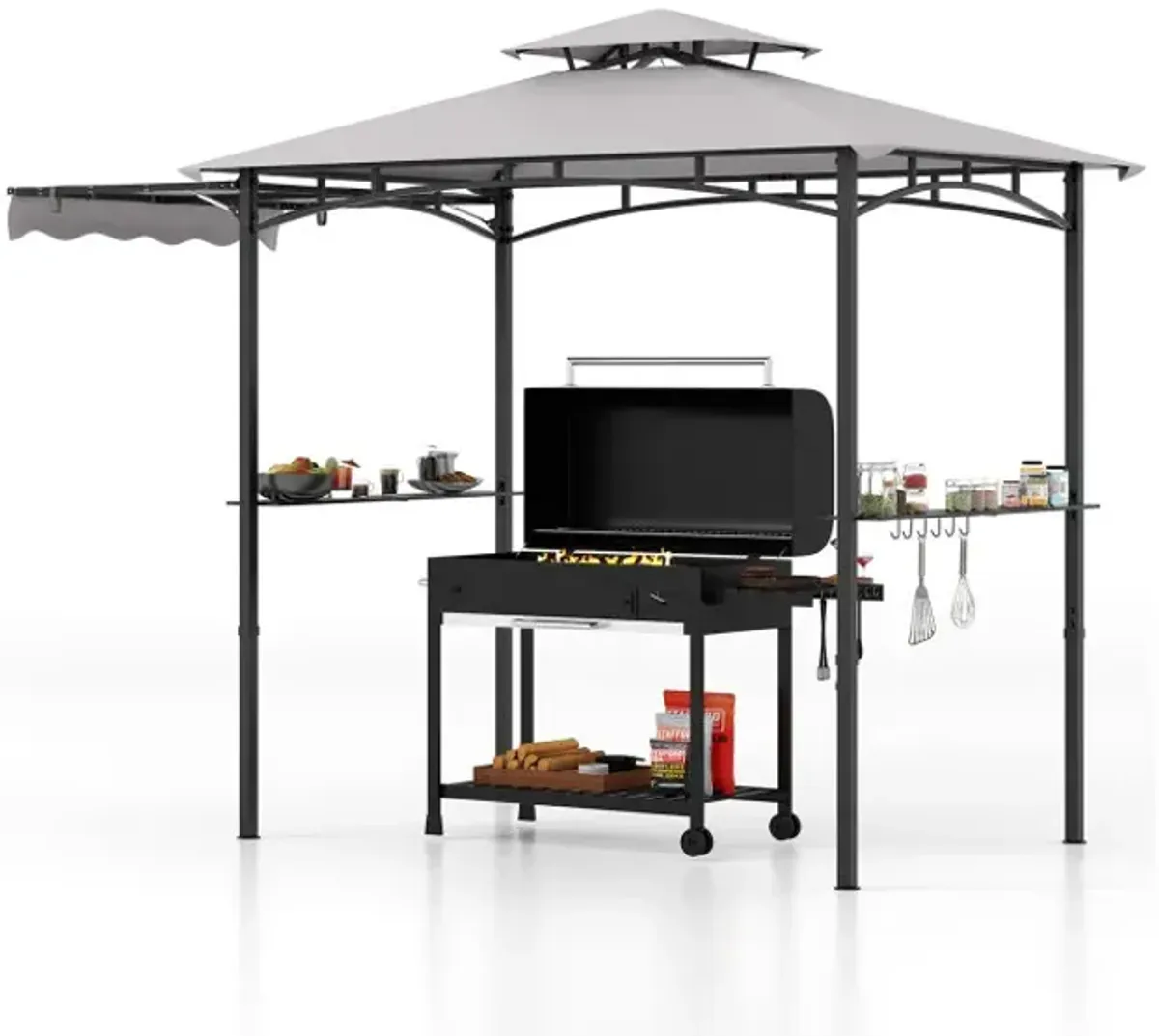 11 x 5 FT Grill Gazebo with Side Awning and Double-Tiered Top