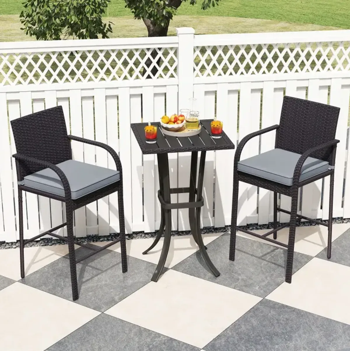 3-Piece Patio Wicker Rattan Bar Height Chairs and Square Table Set