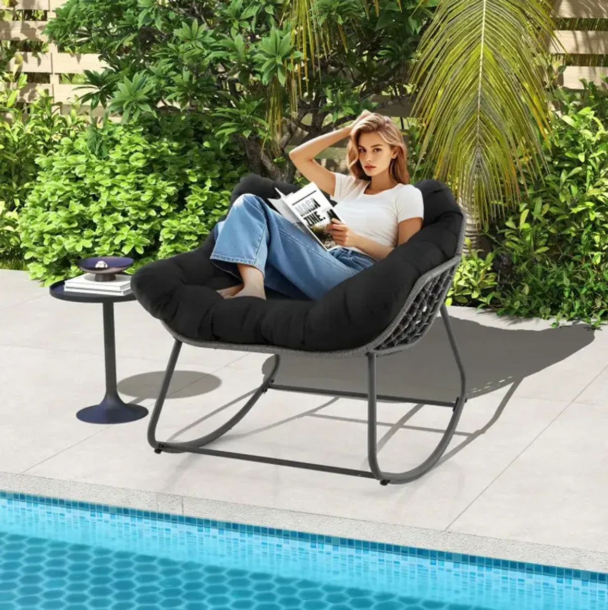 Outdoor Rocking Chair Oversized Patio PE Wicker Egg Chair with Cushion