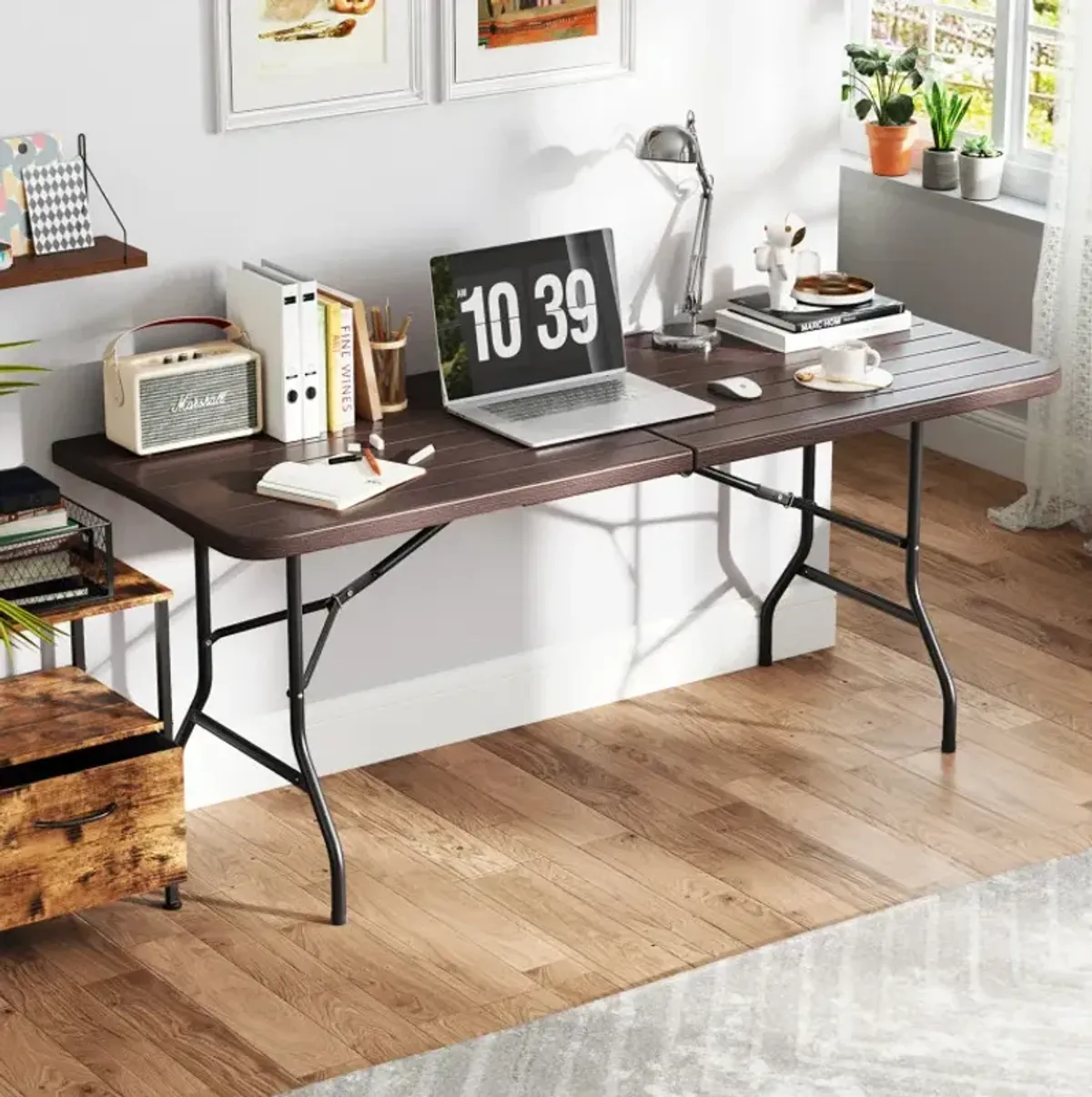 6 Feet Folding Table with Wood Grain HDPE Tabletop and Safe Lock Mechanism