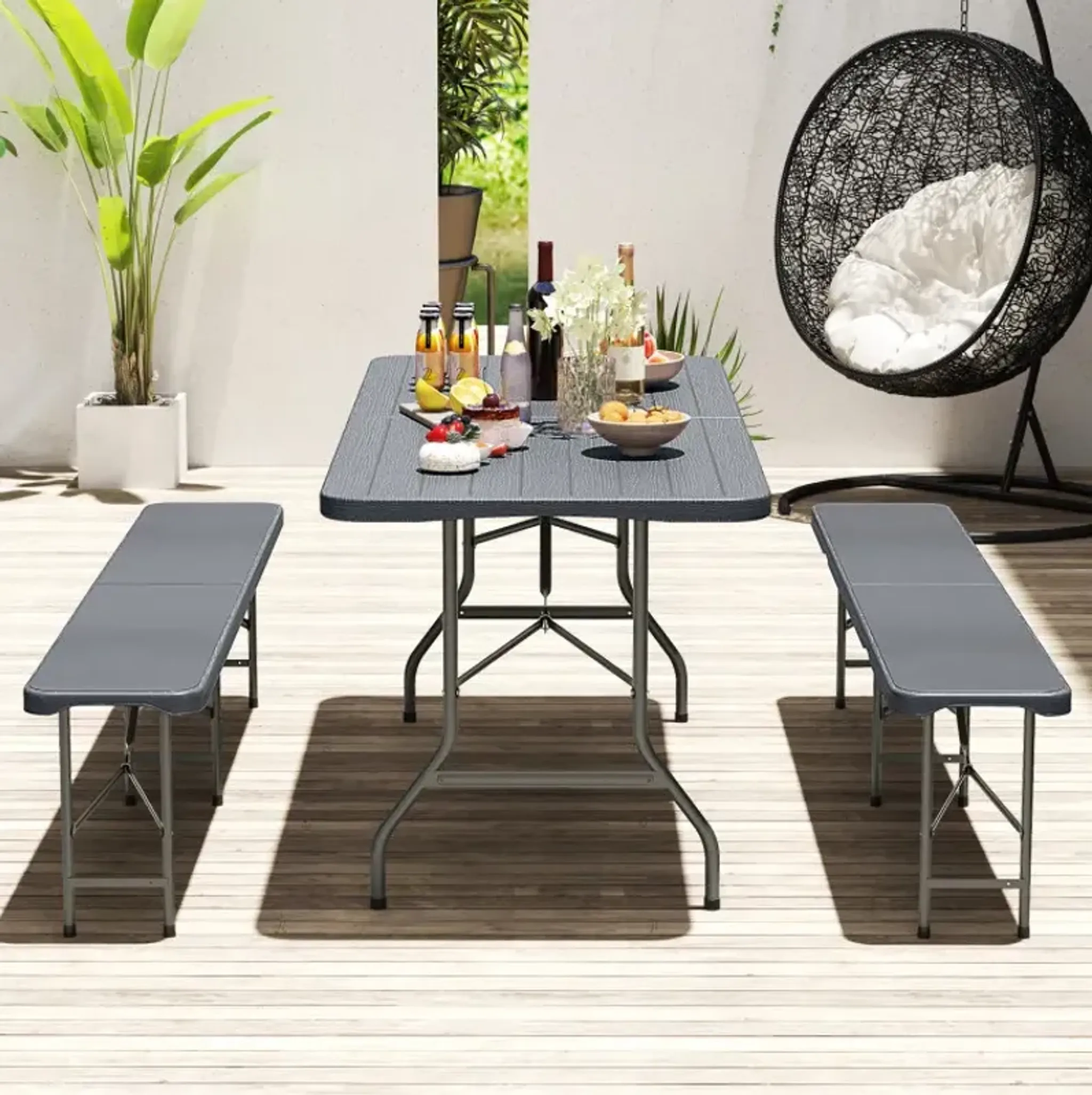 6 Feet Folding Table With Wood Grain Hdpe Tabletop And Safe Lock