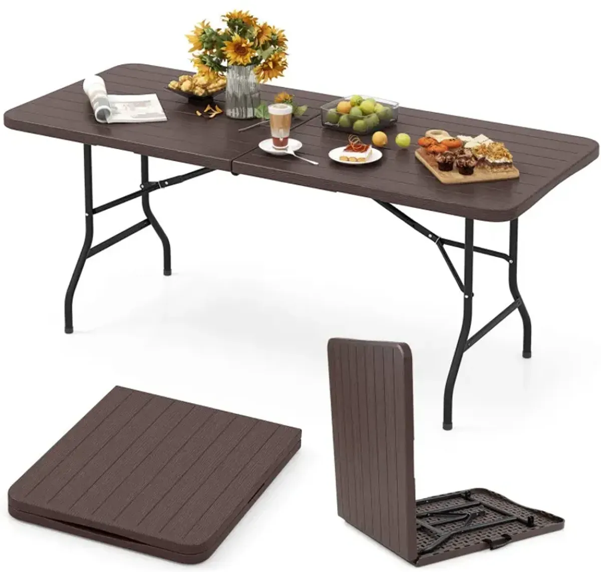 6 Feet Folding Table with Wood Grain HDPE Tabletop and Safe Lock Mechanism