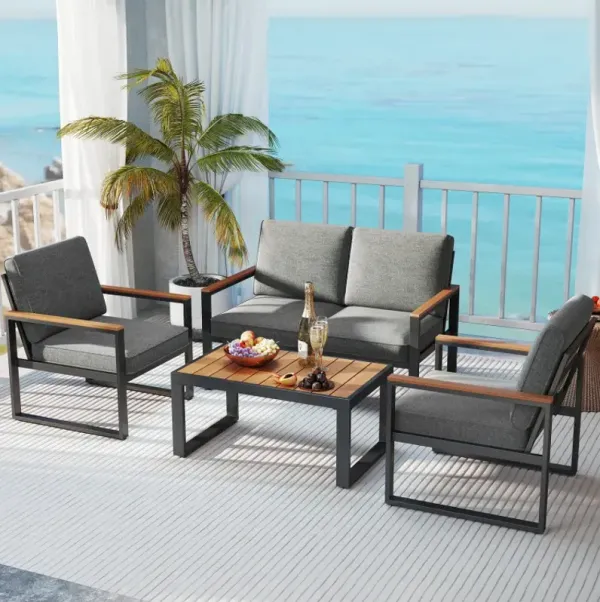 4 Piece Patio Aluminum Furniture Set with Armrests and Tabletop