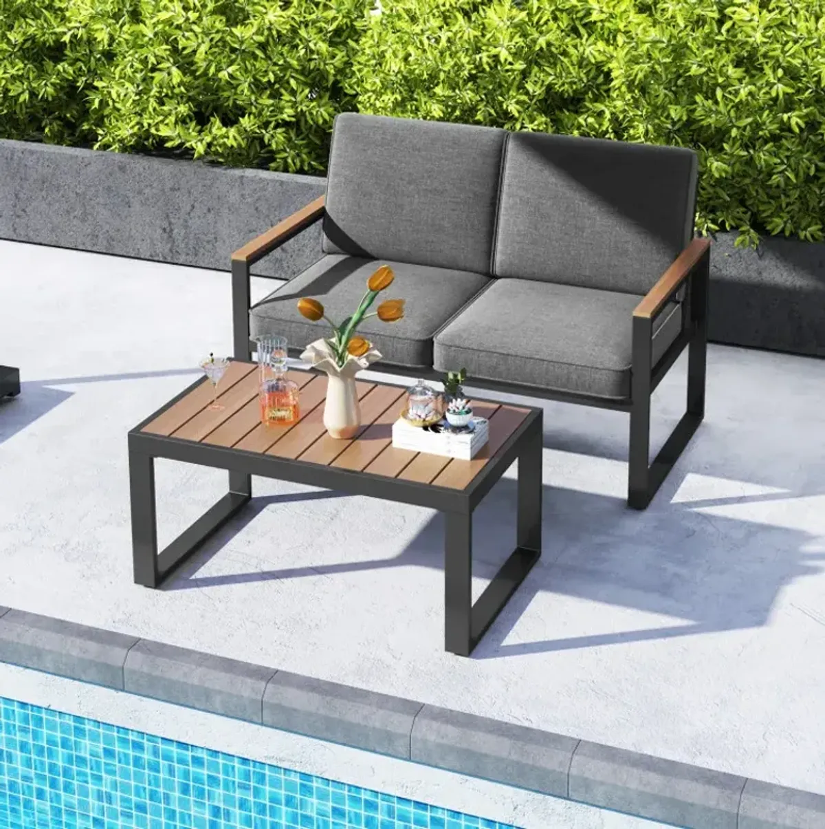 2 Piece Patio Aluminum Furniture Set with Wood-Plastic Armrests and Tabletop