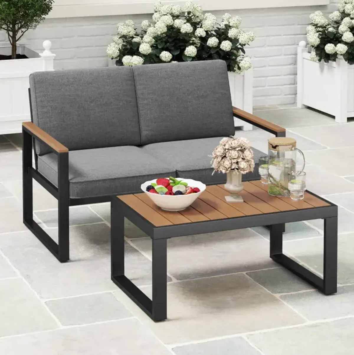 2 Piece Patio Aluminum Furniture Set with Wood-Plastic Armrests and Tabletop