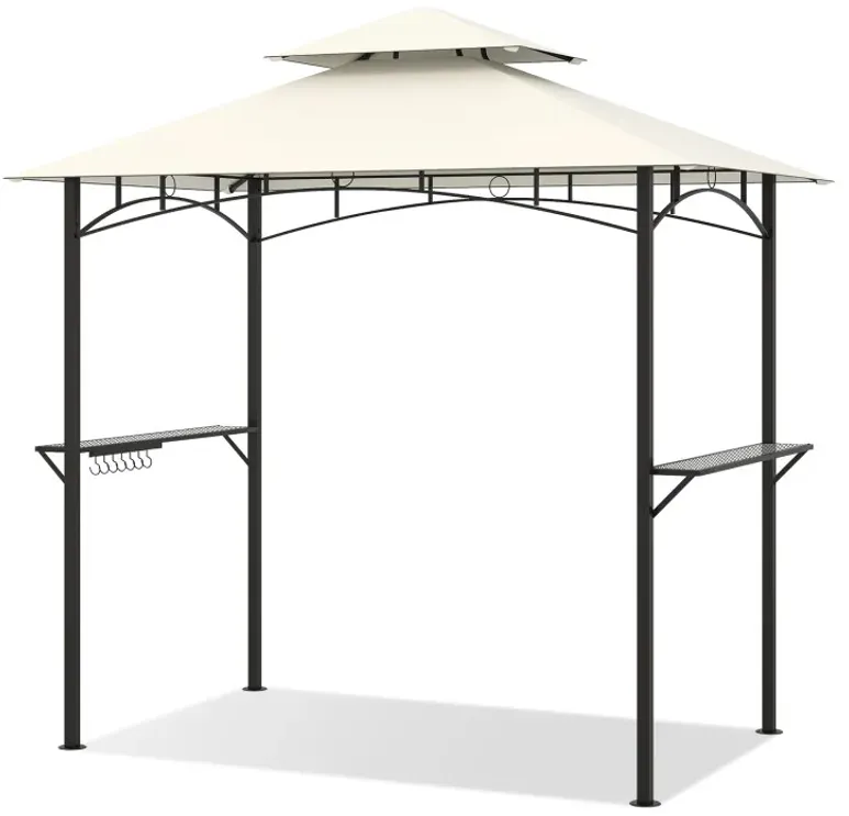 Outdoor Double-Tiered Grill Gazebo Canopy with 2 Shelves and 7 Hooks