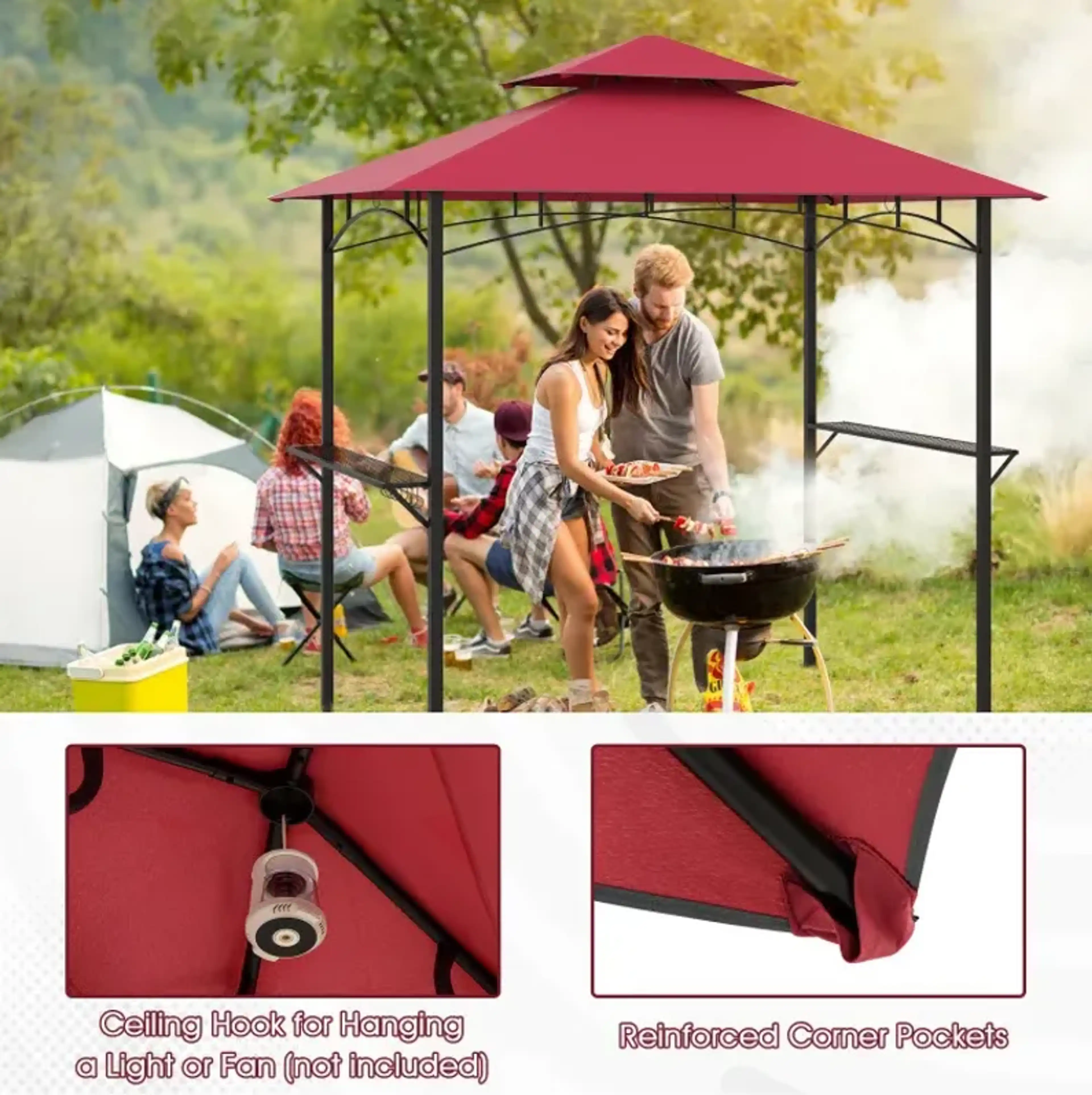 Outdoor Double Tiered Grill Gazebo Canopy With 2 Shelves And 7 Hooks