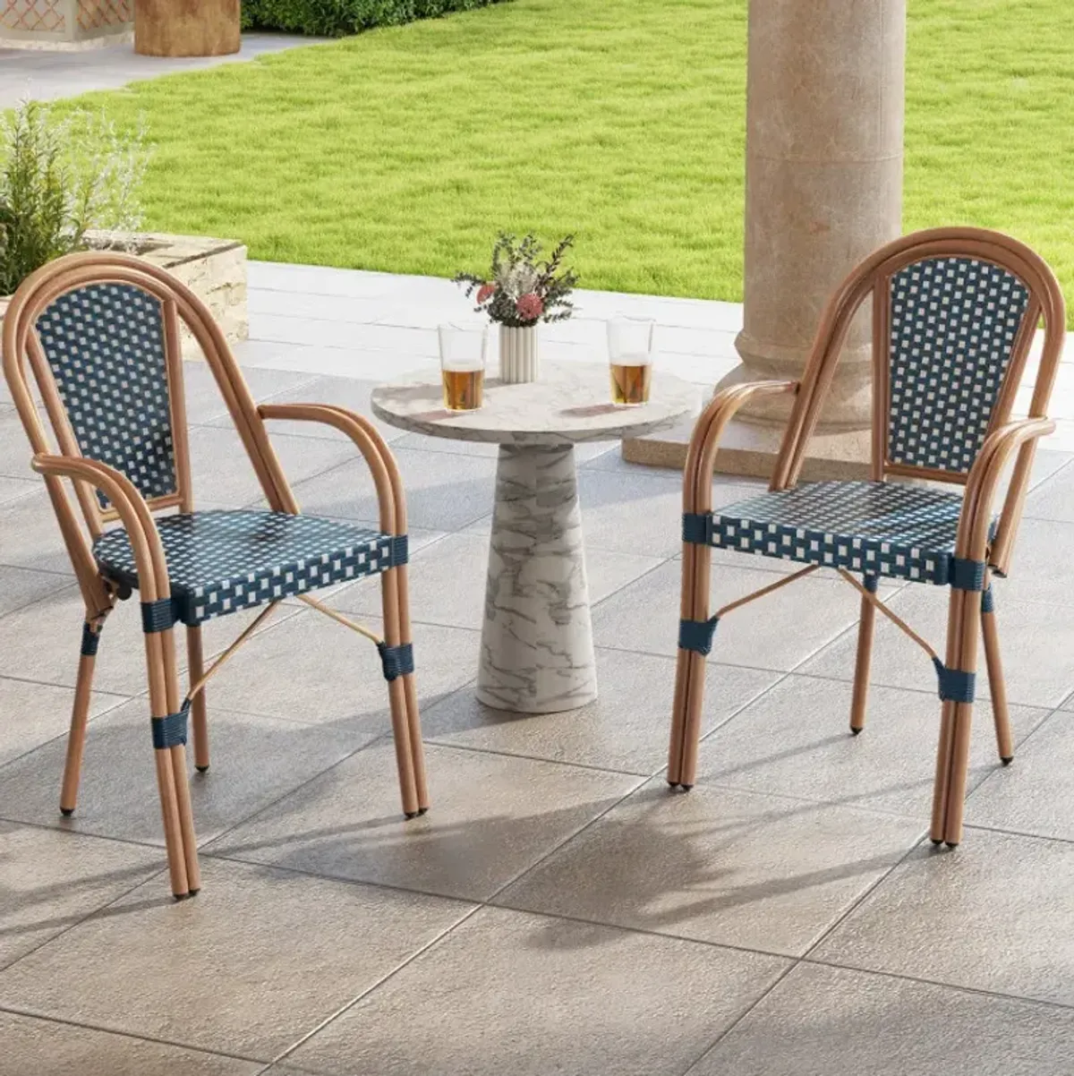 Hand-Woven PE Wicker Outdoor French Bistro Chairs Set of 2
