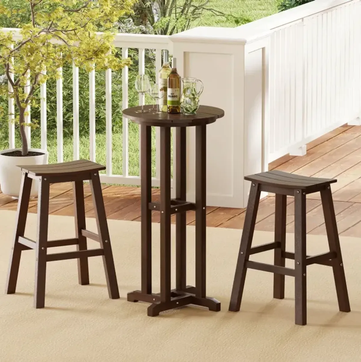 21.5 Inch Round Bar Table Patio HDPE Bar Height Dining Table with Slatted Tabletop