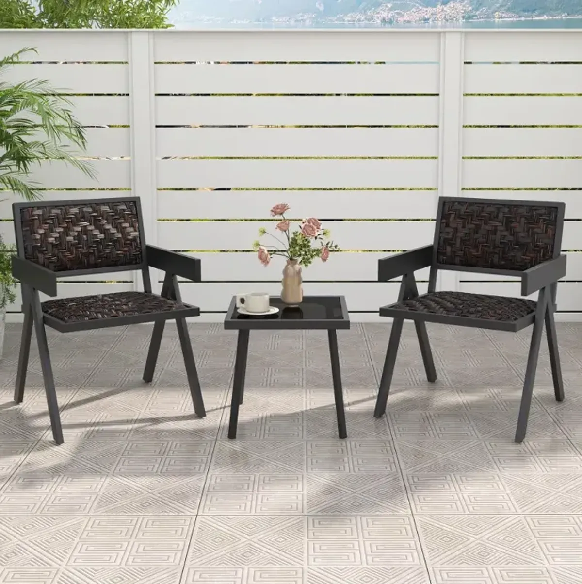 3 Pieces Patio PE Wicker Bistro Set with Quick-Drying Foam