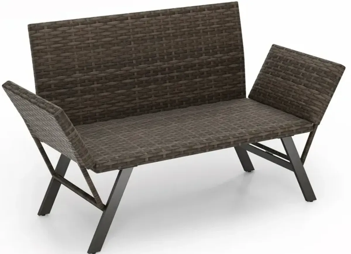 Patio Convertible Sofa for 2 Quick Dry Foam Padded Rattan with Armrests