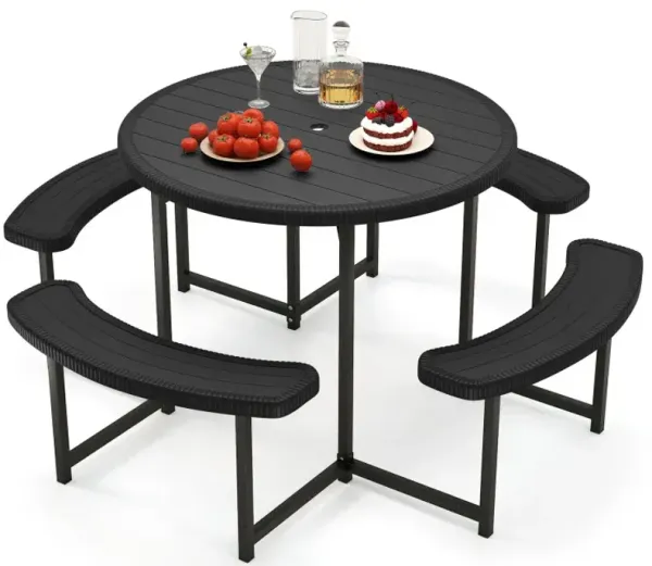 Round Picnic Table Bench Set with 4 Benches and Umbrella Hole for Patio Lawn