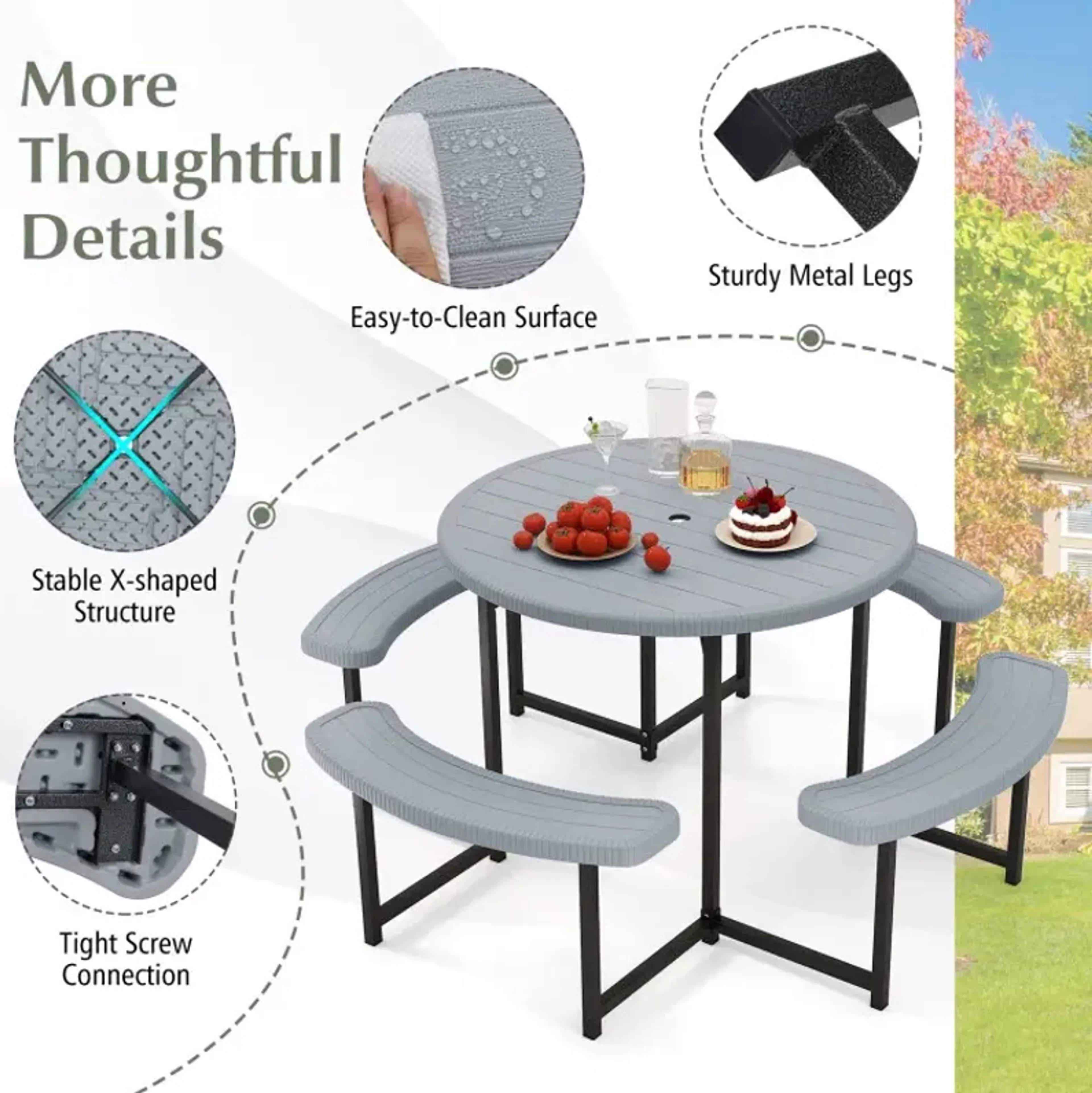 Round Picnic Table Bench Set With 4 Benches And Umbrella Hole For Patio ...