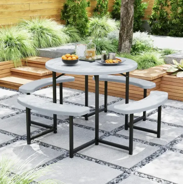 Round Picnic Table Bench Set with 4 Benches and Umbrella Hole for Patio Lawn