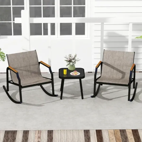 3 Piece Patio Rocking Bistro Set with Tempered Glass Coffee Table and Armrests for Porch