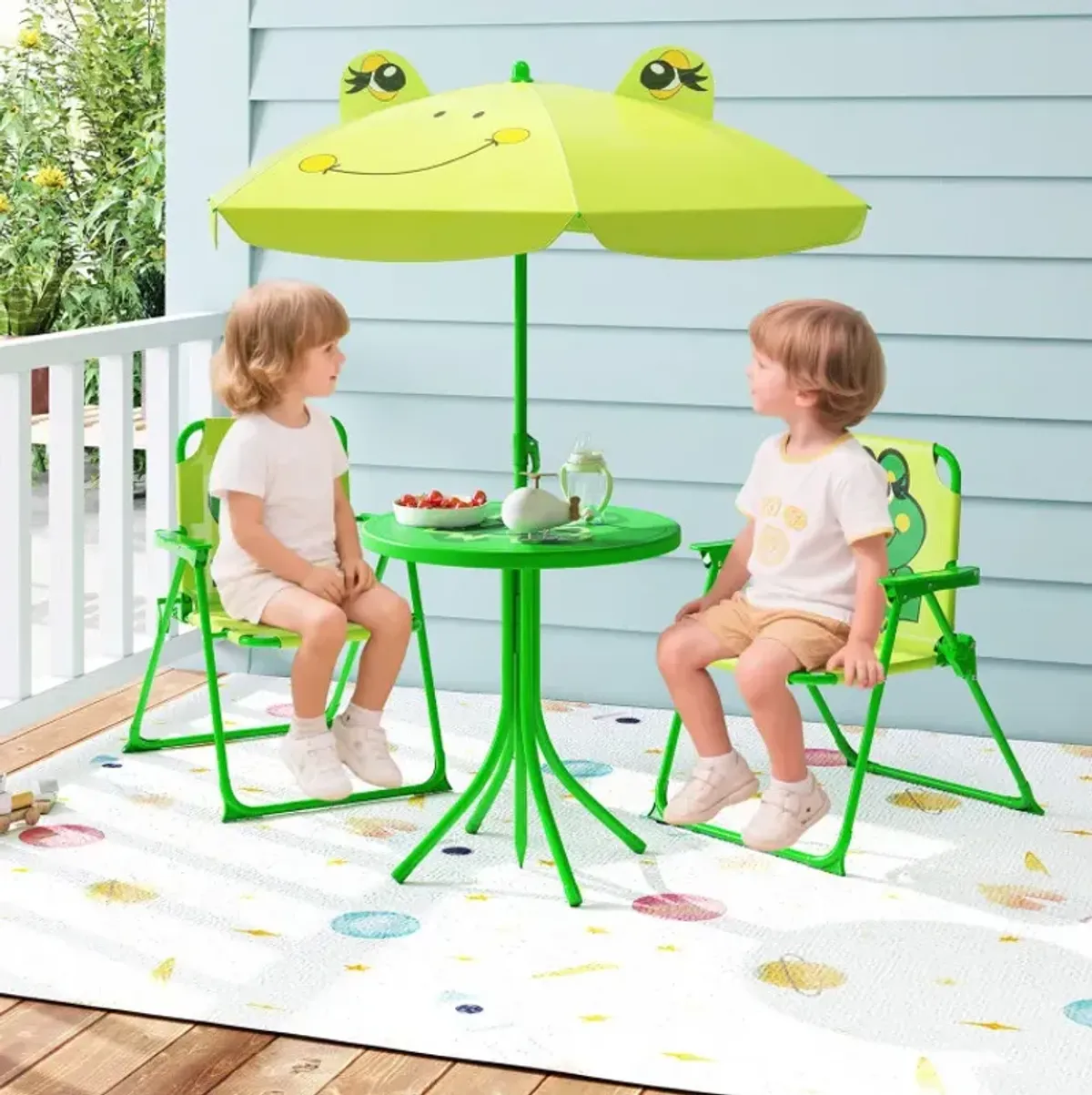 4 Pieces Kids Picnic Set with 2 Folding Chairs and Height Adjustable Umbrella