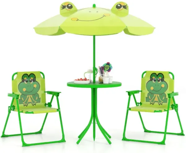 4 Pieces Kids Picnic Set with 2 Folding Chairs and Height Adjustable Umbrella