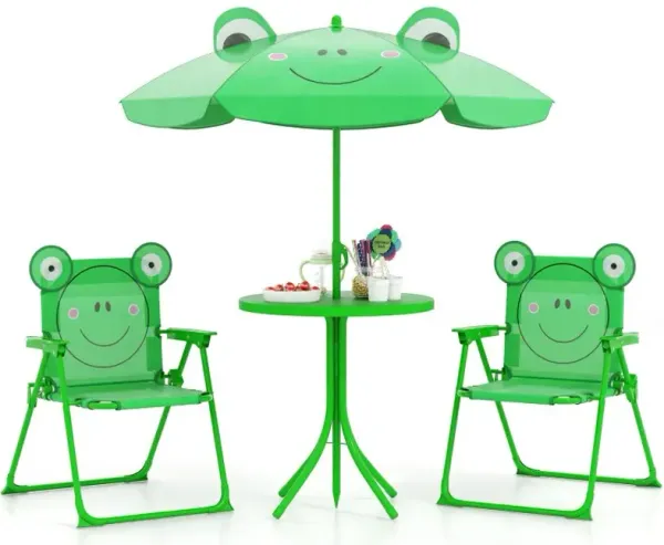 4 Pieces Kids Picnic Set with 2 Folding Chairs and Height Adjustable Umbrella
