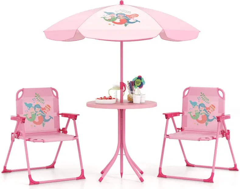 4 Pieces Kids Picnic Set with 2 Folding Chairs and Height Adjustable Umbrella