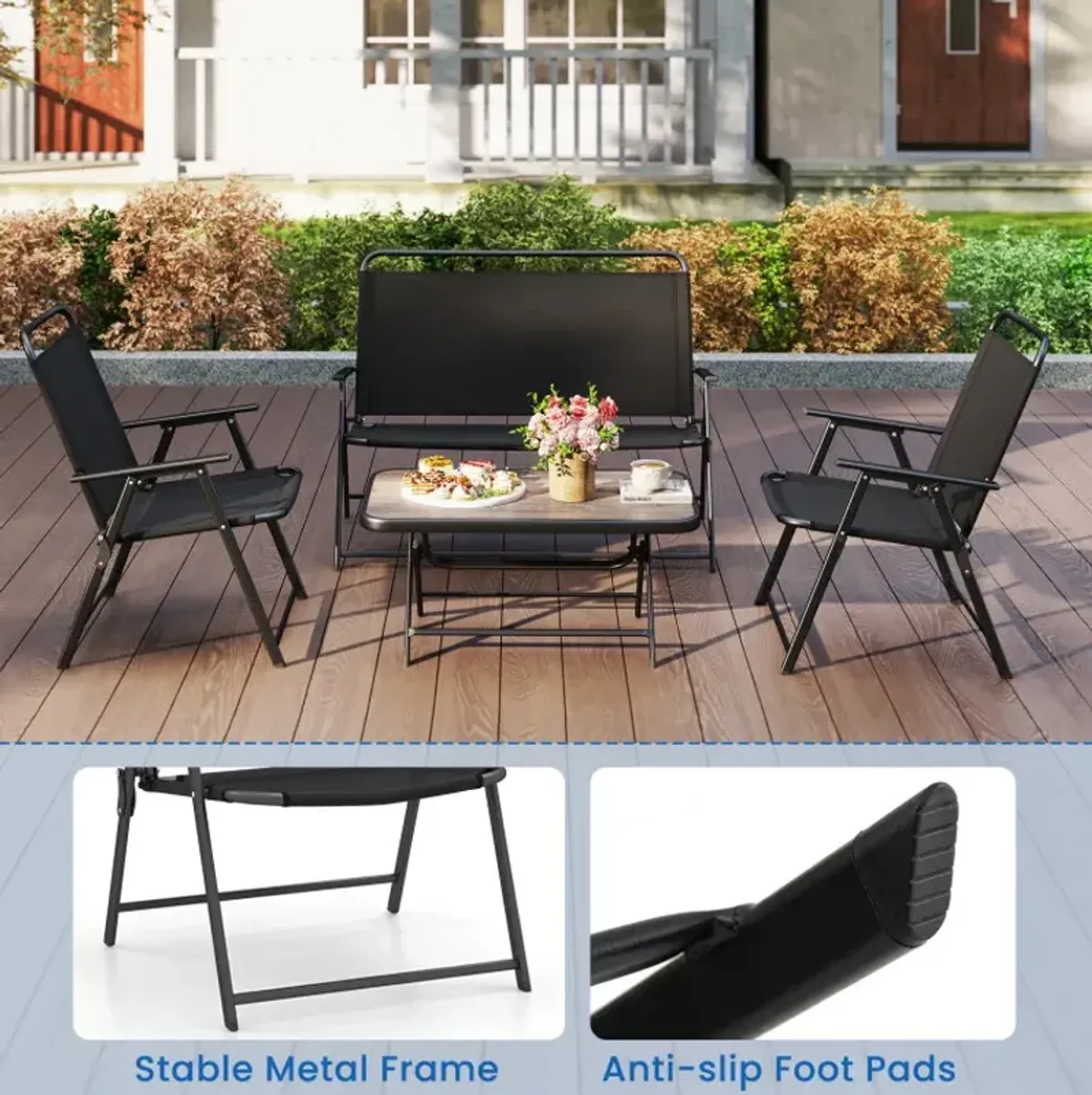 4 Pieces Patio Folding Furniture Set with SPC Coffee Table and Patio Chairs