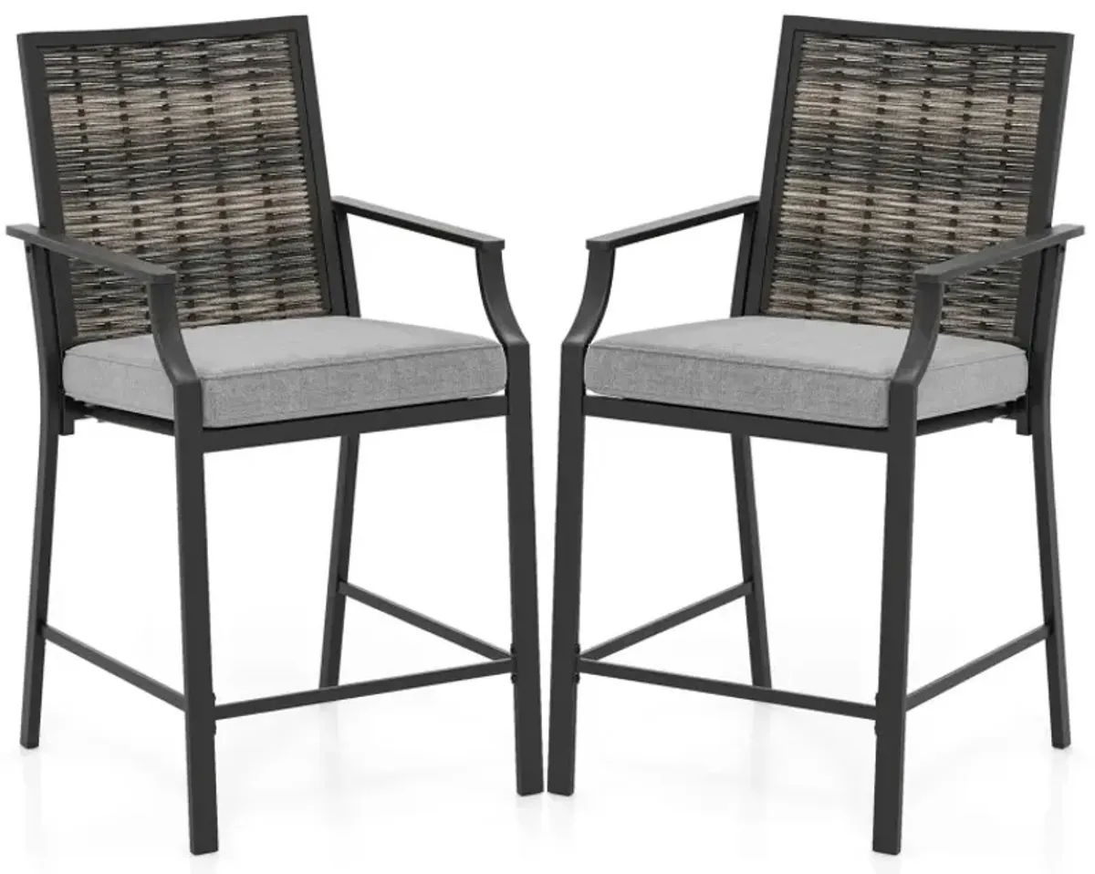 Patio Bar Stools Set of 2 Counter Height Rattan Bar Chairs with Armrest