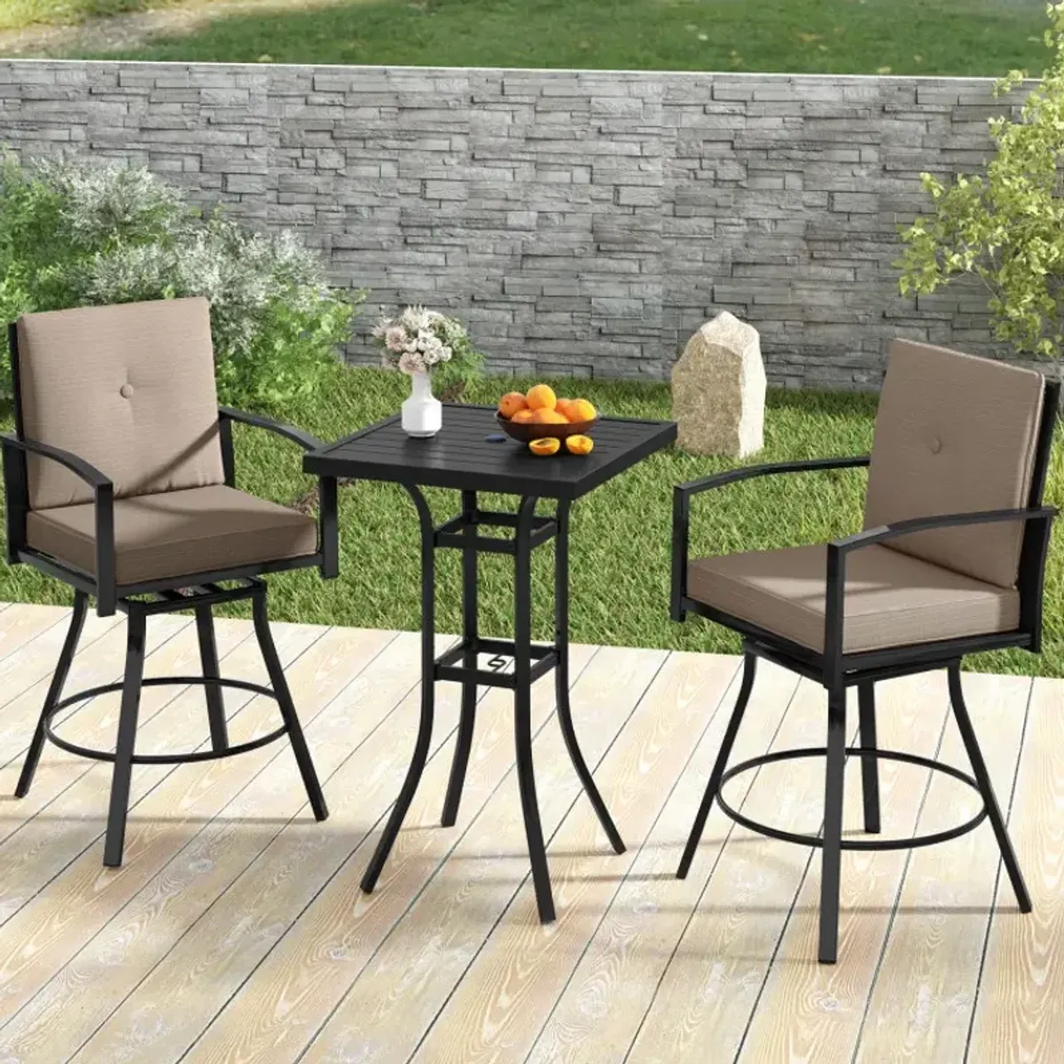 3 Pieces Patio Swivel Bar Set with Soft Cushions and Umbrella Hole
