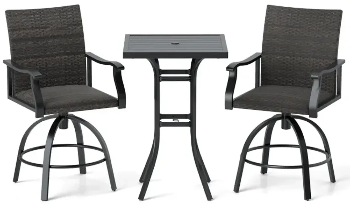 3 Pieces PE Wicker Patio Swivel Bar Set with Quick-Drying Foam