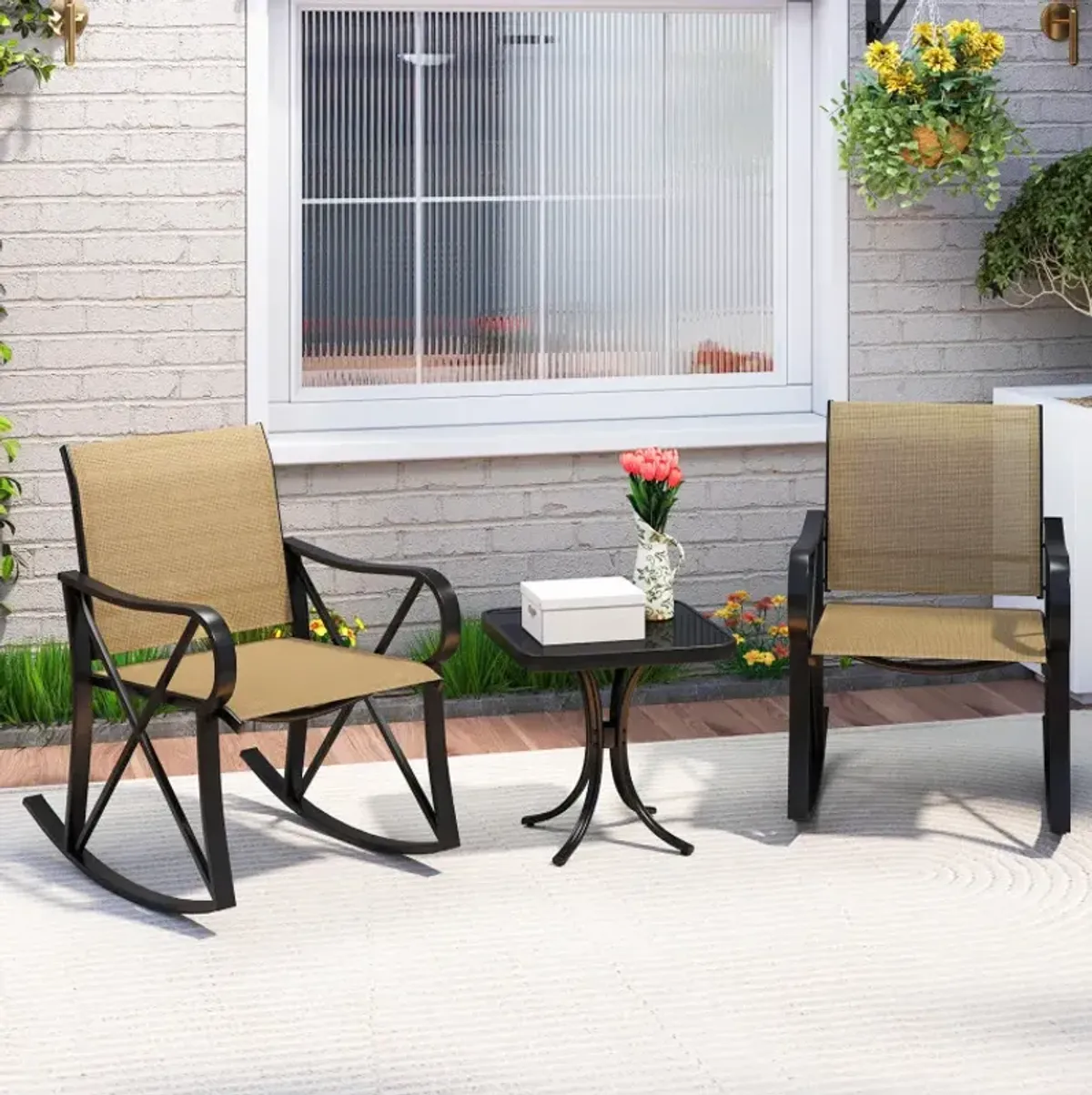 3 Piece Patio Rocking Set with Smooth Rocking Motion Outdoor Rocker Chair Bistro Set 