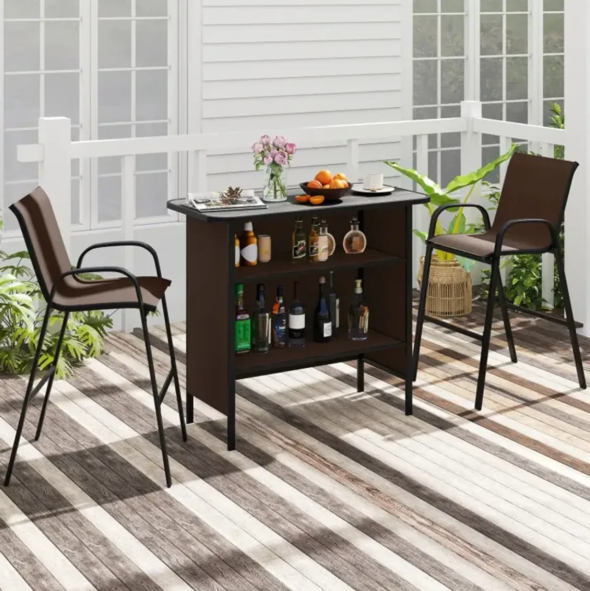 3 Piece Outdoor Bar Set with Footrest and 2-Tier Shelf