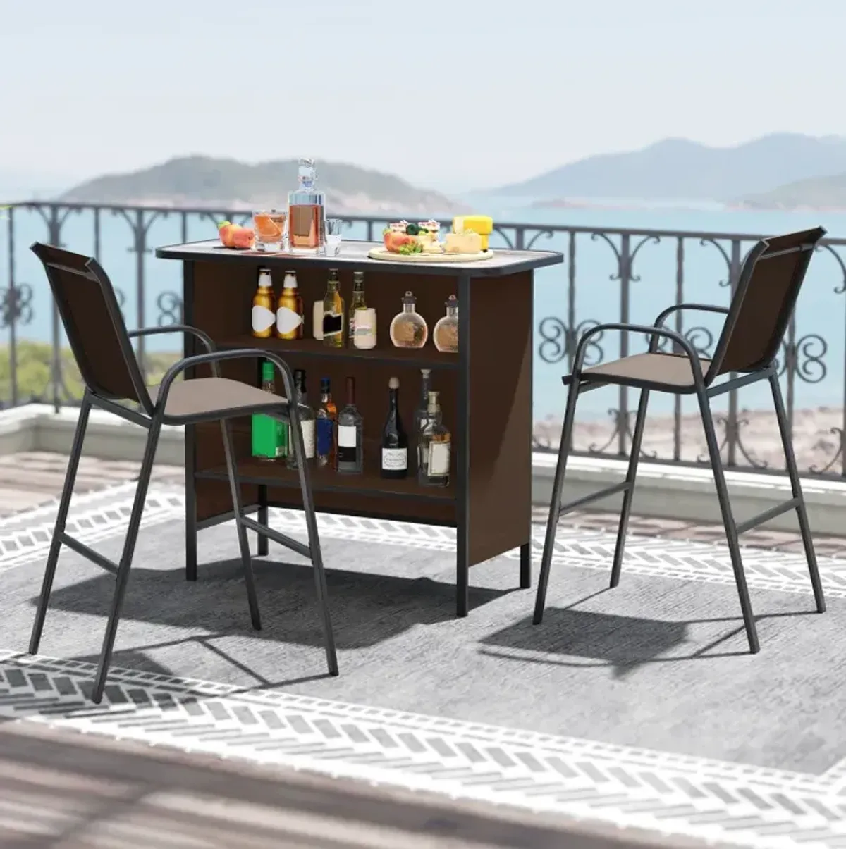3 Piece Outdoor Bar Set with Footrest and 2-Tier Shelf
