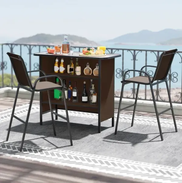 3 Piece Outdoor Bar Set with Footrest and 2-Tier Shelf