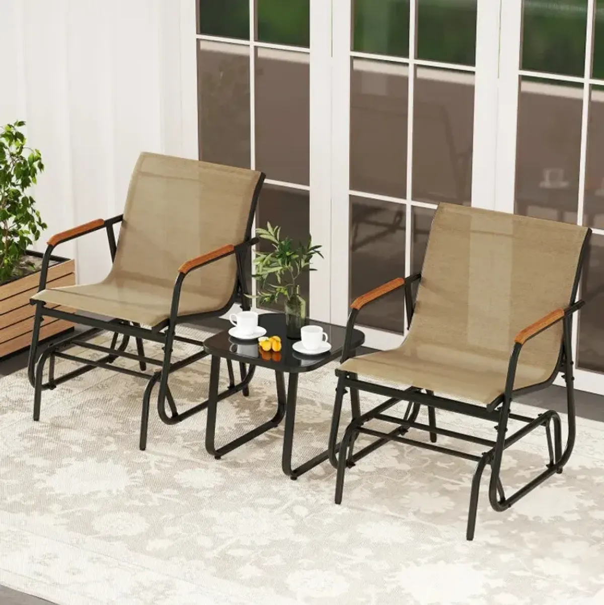 3-Piece Outdoor Glider Bistro Set with Tempered Glass Top and Metal Frame