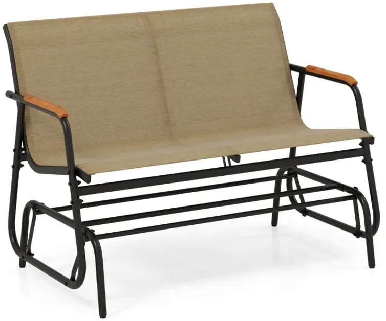 Patio Glider Bench with Curved Teak Armrests and Breathable Fabric Seat for 2 People