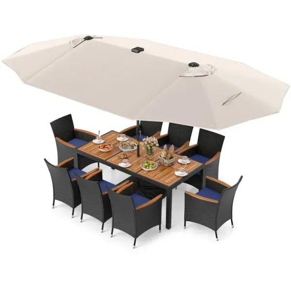 11 Pieces Patio Dining Set with LED Patio Umbrella with Base and Seat Cushions (Navy)