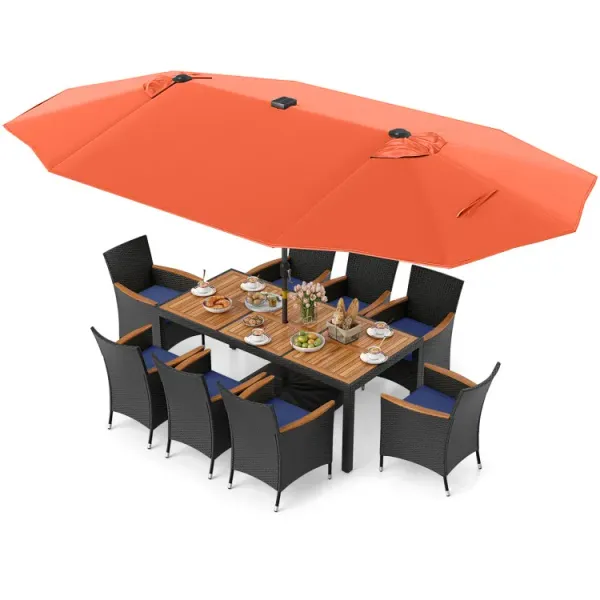 11 Pieces Patio Dining Set with LED Patio Umbrella with Base and Seat Cushions (Navy)