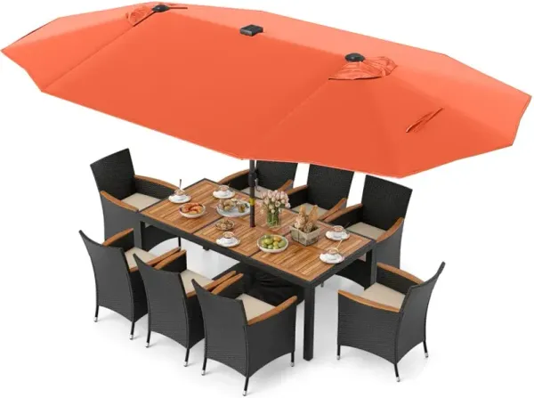 11 Pieces Patio Dining Set with LED Patio Umbrella with Base and Seat Cushions (Beige)